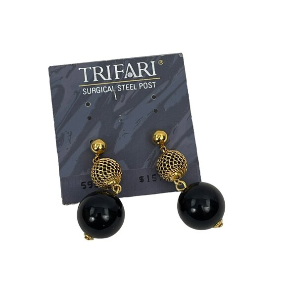 Trifari Surgical Steel Post Earrings Gold Black Ball Drop Pierced Vintage Jewelr - Picture 4 of 5